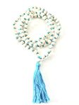 TULSI TULASI HINDU BUDDHIST KRISHNA Fair Trade MANTRA WOODEN PREMIUM MALA BEADS 108 MEDITATION, TURQUOISE LONG TASSEL NECKLACE