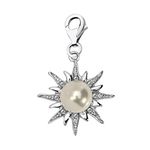 Quiges 925 Sterling Silver White Cubic Zirconia and Imitation Pearl Sun Lobster Clasp Charm Clip on Pendant