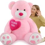 MorisMos 5ft Giant I Love You Teddy Bear with Heart, Pink 150cm Large Plush Bear Stuffed Animal Soft Cuddly Toy Big, Kawaii Birthday Presents for Kids Girls Girlfriend Baby Shower Party Decorations