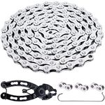 YBEKI Bicycle Chain 9/10/11/12-Speed Bicycle Chain 1/2 x 11/128 Inch 116 Links With 3 Links and Bicycle Link Pliers (Silver 9 Speed)