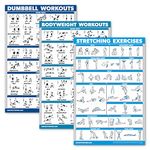 QuickFit 3 Pack - Dumbbell Workouts + Bodyweight Exercises + Stretching Routine Poster Set - Set of 3 Workout Charts (Laminated, 18" x 27")