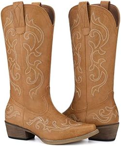 HISEA Rollda Cowboy Boots for Women Western Cowgirl Boots with Chunky Heel Ladies Snip Toe Mid-Calf Boots Tan Size 8