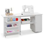 COSTWAY Sewing Machine Table, 62.5" x 20" Foldable Craft Station Table w/Lockable Casters, Storage Shelves, Bins & Single Door Cabinet, Multipurpose Sewing Machine Cabinet for Home, Bedroom (White)