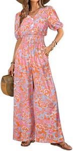 LOOKBOHO Jumpsuits for Women Short Sleeve V Neck Smocked High Waist Wide Leg Dressy Casual Rompers One Piece Outfits