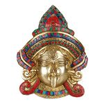 Kartique Brass Kali MATA Maa Face Mask Idol Statue Murti for Office Home Decor Wall Mount Metal Durga Evil Eye Vastu Protection Multi Color Stone Chips Size 10.5 Inch