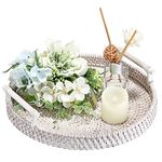 IGNPION Round Rattan Woven Serving Tray Decorative Display Tray Guest Towel Tray Storage Platters with Handle Table Desktop Organiser Tray for Coffer,Drink,Breakfast,Tea,Candle