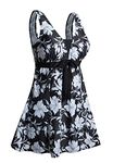 Ecupper Womens One Piece Swimdress Plus Size Shaping Body Swimsuits Printed Swimwear with Short Floral White L