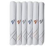 Caruso Italy Men's Initial Monogram V Embroidery Pure Cotton Formal Handkerchief White Base With Colored Border - Pack Of 6, free size