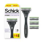 Schick Hydro Skin Ultra Sensitive Razor 3 Blade Razor for Men Handle and 4 Refills, 1 Count, Packaging may vary