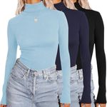 Ekouaer Women's Turtleneck Long Sleeve Stretch Fitted Thermal Tops 3 Piece Solid Fit Shirts Basic Top Black/Navy/Light Blue L