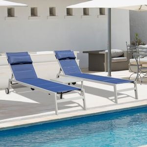 Domi Patio Chaise Lounge Set of 3, Outdoor Lounge Chair, Aluminum Textilene Padded 5 Position Pool Lounger, Stackable Lounge Chair w/Headrest, Wheels, Side Table, for Beach Backyard Lawn, Navy Blue