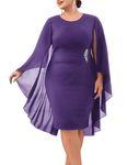 Hanna Nikole Women Plus Size Chiffon Cape Pencil Dress Midi-Length Cocktail Dress Ruched Rhinestone Elegant Sheath Dress Purple 20