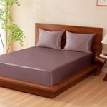 THXSILK 100% Mulberry Silk Bed Sheet Set - 3pcs Pure Silk Sheet Set - 16" Deep Pocket Fitted Sheet, 2 Pack Silk Pillowcase with Zipper Closure - Queen Size, Purple