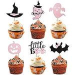 SYKYCTCY 24 Pack Halloween Cupcake Toppers Glitter Pink Ghost Little Boo Bat Witch Hat Pumpkin Cupcake for Happy Halloween Theme Baby Shower Birthday Party Cake Decorations Supplies Pink