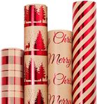 woric Jumbo Christmas Wrapping Paper 30 Inch 4 Rolls Gift Wrapping Paper Christmas Rolls, Brown Paper with Red Pattern Vintage Christmas Stocking Stuffers, 10 Feet Per Roll