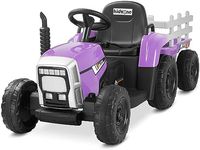 Kidzone 12V 7AH Treaded Tires with Dual 25W Motors Remote Control Battery Powered Electric Tractor with Trailer Toddler Ride On Toy with 3-Gear-Shift 7-LED Lights, MP3 Audio - Purple