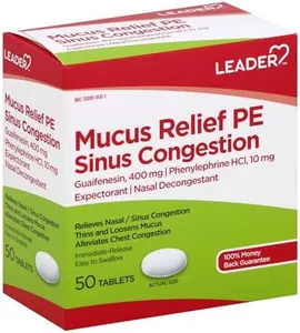 Leader Mucus Relief PE Sinus Congestion, Expectorant; Nasal Decongestant, Thins and Loosens Mucus, Immediate-Release, Alleviates Chest Congestion, 50 Tablets