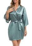 Vlazom Women's Kimono Robes Dressing Gown Satin Bathrobe Nightdress Short Style Bridal Robe with Oblique V-Neck Dark Green,M