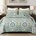 Exclusivo Mezcla Reversible Boho Quilt Set King Size, 3 Pieces Damask Aqua All Season Bedspreads, Ultra Soft Floral Coverlet Bedding Set with Printed Pattern (1 Quilt, 2 Pillow Shams)