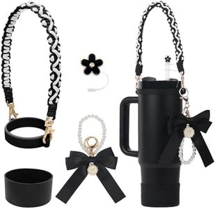 BELSITA Stanley Cup Accessories Set, Bow Pearl Chain Braided Design Water Bottle Handle Strap, Silicone Stanley Cup Boot, Stanley Charms for Stanley Cup 30/40oz Tumble (Black)