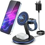 Magnetic Wireless Charging Station for Apple Series, 3-in-1 15W Fast Mag-Safe Charger Stand with QC3.0 Adapter, for iPhone 15, 14,13,12 Pro Max/Pro/Mini/Plus, iWatch Ultra/9/8/7/6/5/4/3/2, AirPods…