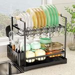 Dish Drying Rack, 2-Tier Dish Racks for Kitchen Counter Detachable Large Capacity Dish Drainer Organizer with Utensil Holder, Glass Holder, Drying Rack for Kitchen Sink with Drain Board (Black)