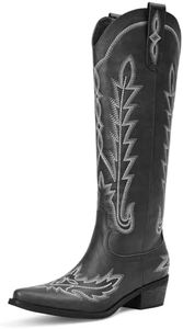 Rivalran Black Cowboy Boots for Women - Wide Calf Knee High Embroidered Western Cowgirl Boots, Pointed Toe Chunky Heel Retro Country Boots, Pull On Zipper Vintage Fashion Tall Boots for Girls Ladies