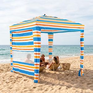 UPWELL Beach Tent Easy Set Up Canopy Sun Shelter Shade with UPF 50+UV Protection Portable Beach Umbrella Outdoor Sunwall with Sand Pockets for Fishing Backyard Camping(Sunset Stripe)