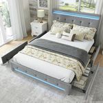 BTM Upholstered Double Bed 4FT6-135x190cm, Double Bed with 4 Drawers and Light Strips Around, Double Bed Frame with Headboard & Metal Underbed Bracket, Grey Velet Bed, No Mattress