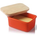 SWEEJAR Porcelain Butter Dish with Lid, Airtight Large Butter Keeper with Wooden Lid, Butter Container Perfect for 2 Sticks of Butter West or East Coast Butter(Orange)