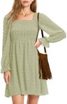 EXLURA Women's 2025 Summer Long Sleeve Party Swiss Dot Dress Smocked Ruffle Cocktail Mini Dresses Light Green