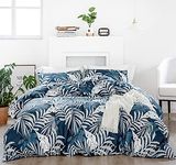 YuHeGuoJi Blue Tropical Duvet Cover King 100% Cotton White Botanical Duvet Cover Soft 3 Pcs Set 1 Palm Leaves Duvet Cover with Zipper 2 Pillowcases Hawaiian Navy Plant Bedding Set Soft Luxury