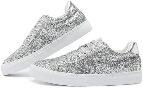 Jeekopeg Glitter Sparkly Fashion Sneakers Shoes Shiny Casual Shoes Bling Sequin Concert Low Cut Lace up Shoes, Silver Glitter, 8 Women/6.5 Men