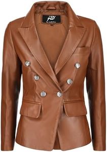 Jild Classic 2-Button Lambskin Leather Blazer Women - Casual Coat Long Sleeves Suit Style Leather Jacket Women, Cognac, X-Small