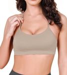 ODODOS Cloud Feeling Y Racerback Sports Bra for Women Wirefree Padded Strappy Yoga Bra, Shaker Beige, Large