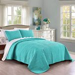 Quilt Set Full/Queen Size Aqua - Oversized Bedspread - Soft Microfiber Lightweight Coverlet for All Season - 3 Piece Includes 1 Quilt and 2 Shams, Geometric Pattern