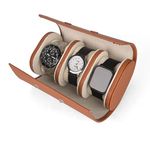 Rich India Vegan Leather Wristwatch Box Organizer / 3 Slot Round Travel Watch Case For Men & Women, Tan