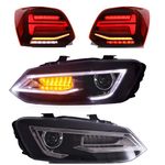 VLAND LED Headlights and Rear Light Fit for Volkswagen Polo MK5 6R 6C TDI 2009-2017(Not for 1.2 TSI/GTI/R/saloon), Front Lights and Red Clear Tail Lights with Dynamic Indicator, RHD