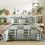 DUOHONG Quilts King Size - King Quilt Bedspread Sets, 100% Cotton Patchwork Quilt Bedding Set for King Bed, 3 Pieces Plaid Farmhouse Reversible Rustic Lightweight Comforter Bed Spread, Green