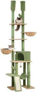 PAWZ Road Cactus Cat Tree Floor to Ceiling Tower with Adjustable Height(85-112 Inches), 7 Tiers Climbing Activity Center Cozy Hammocks, 5 Platforms and Scratching Posts, Green,Yellow,(AM01-AMT0221GN)