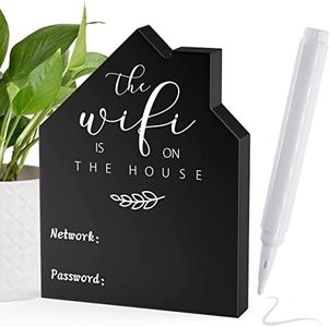 Wifi Password Sign for Home Wooden Table Wifi Sign Wooden Freestanding Chalkboard Style House Shape with Board Erasable Pen for Home Business Centerpieces,Guest Room Tabletop Decor(5x3.74 Inch,Black)