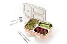 Brand Conquer Lunch Box 3 Compartment Leak-Proof Bpa Free Stainless Steel For School, Lunch Box For School & Office With A Fork, A Spoon And A Pair Of Chopsticks (3 Compartment, Pink), 900Ml