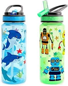 Home Tune 23oz Kids Water Drinking Bottle - BPA Free, Flip Straw Lid Cap, Lightweight, Carry Handle, Leak-Proof Water Bottle with Cute Design For Girls & Boys - 2 Pack Shark & Robot