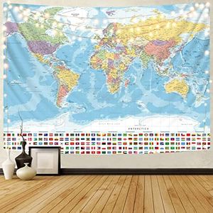 KYKU Large World Map Tapestry for Wall Flags Globe Tapestry Travel Party Theme Decorations Geography Classroom Posters (59.1 x 78.7)