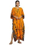 Ravaiyaa - Attitude is everything Women's Rayon Tie Dye Shibori Kaftan Nighty Deep V Neck Lounger Tunic Handmade Loose Dress (Orange)