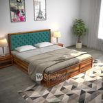 DRIFTINGWOOD Dolvi Solid Sheesham Wood King Size Bed with Storage | Wooden Double Bed Cot Bed with Box Storage & Turquoise Green Velvet Upholstered Cushioned Headboard for Bedroom | Honey Finish