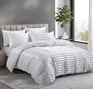 P Pothuiny 5 Pieces Satin Striped Duvet Cover Full/Queen Size Set, Luxury Silky Like Ivory White Stripe Duvet Cover Bedding Set with Zipper Closure, 1 Duvet Cover + 4 Pillow Cases (No Comforter)