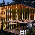 Solar Curtain Lights 7.9ft x 6ft 144 LED Outdoor Curtain Lights Waterproof with Timer 8 Modes for Christmas Garden Patio Fence Wedding Wall Window Gazebo Decor - Warm White