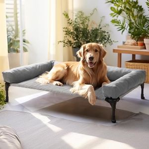 Veehoo Elevated Raised Dog Bed with Removable Bolster for Large Sized Dogs-Outdoor Dog Cots Bed Raised Cooling Pet Cot with Washable Mesh, Dog Sofa Hammock Bed with No-Slip Feet-107x76 cm Black Silver