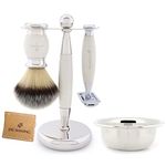 Jag Shaving Shaving Kit - Ivory Shaving Set - Shaving Set for Men - and Women - Synthetic Shaving Brush - Double Edge Safety Razor - Shaving Stand - Shaving Bowl - Leather Razor Case